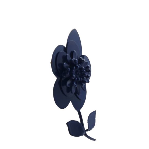 Navy Blue Flower Power Brooch Metal Enameled Stem Pin 3D Vintage 1960s - Picture 9 of 10